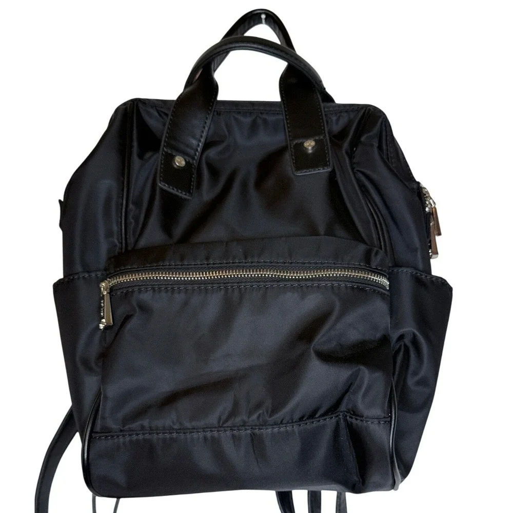 Co-Lab Black Nylon Backpack Silver Hardware Top Handle Travel Bag Chic Traveler